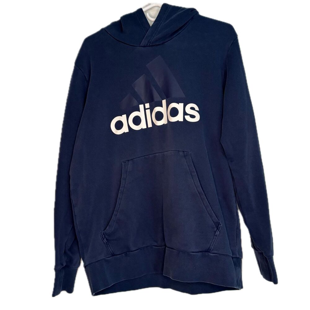 Adidas Men's Logo Large Dark Navy Blue Hoodie Sweatshirt Long Sleeved Pullover